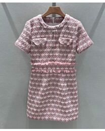 Chanel Women's Tweed Short Sleeve Dress Pink