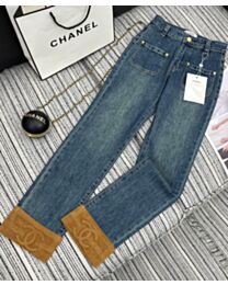 Chanel Women's Jeans With Embossed Logo Hems Dark Blue