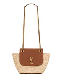 Saint Laurent Mini Manon In Raffia And Aged Vegetable-Tanned Leather Coffee