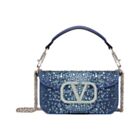 Valentino Small Loco Denim Shoulder Bag With Rhinestones Blue